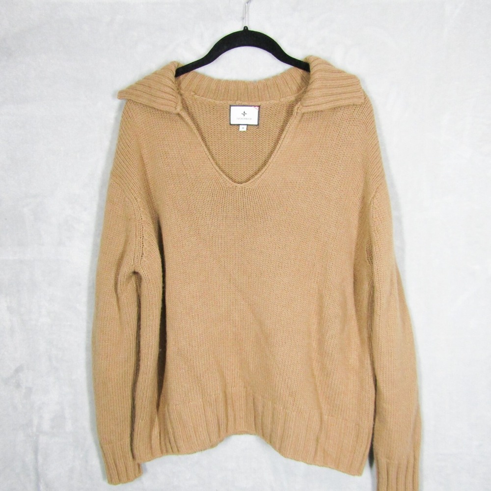 Tuckernuck Sweater Womens Medium V Neck Camel Collar Popover Oversized Tan - Picture 3 of 11